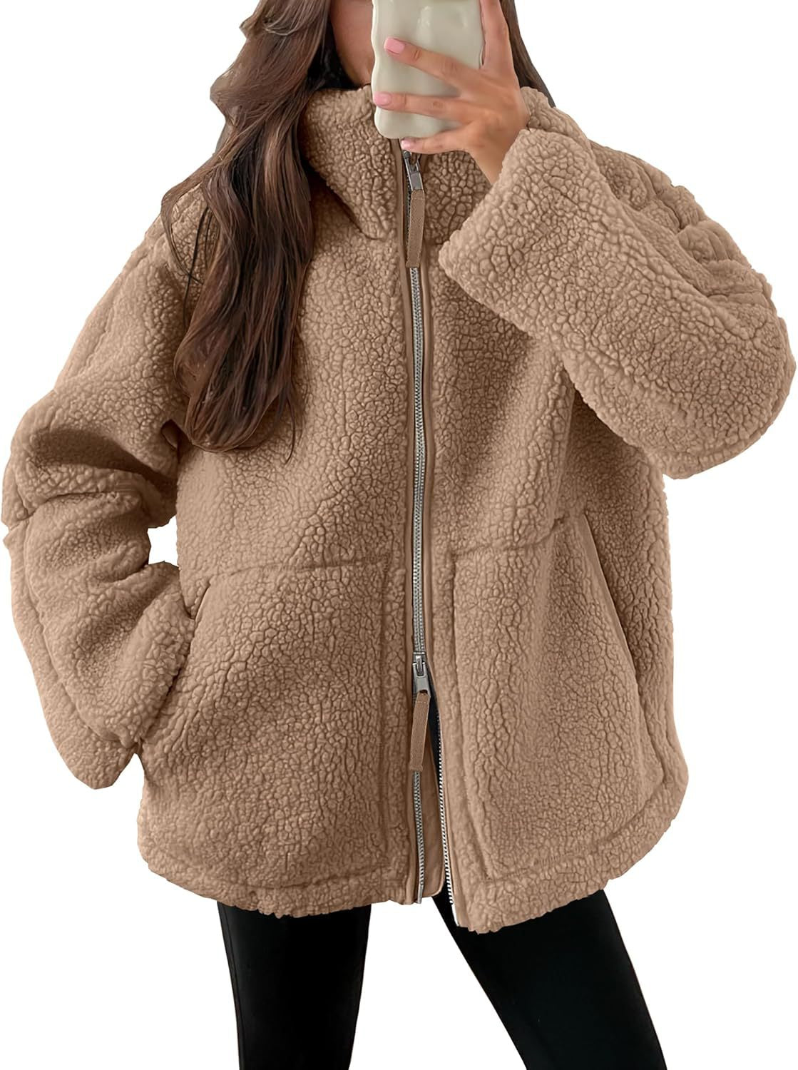 Winter Lapel Zip-Up Coat with Pockets Casual Fashion Solid Fleece Jacket Fall Spring Long Sleeve Women'S Clothing