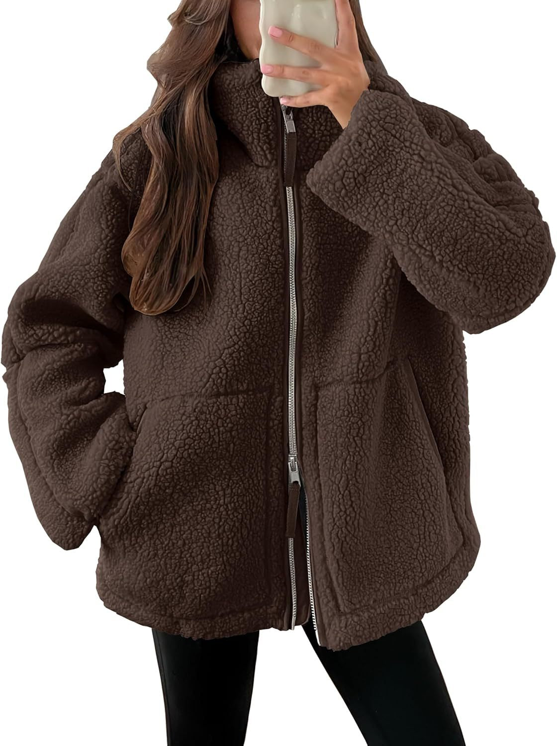 Winter Lapel Zip-Up Coat with Pockets Casual Fashion Solid Fleece Jacket Fall Spring Long Sleeve Women'S Clothing