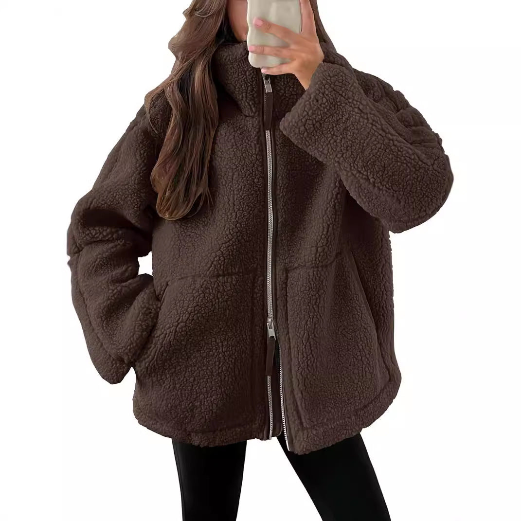 Winter Lapel Zip-Up Coat with Pockets Casual Fashion Solid Fleece Jacket Fall Spring Long Sleeve Women'S Clothing