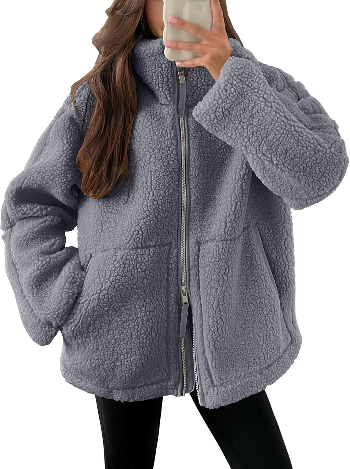 Winter Lapel Zip-Up Coat with Pockets Casual Fashion Solid Fleece Jacket Fall Spring Long Sleeve Women'S Clothing