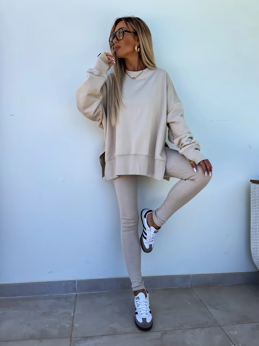 Sweater Suit Women'S Casual Loose Long Sleeve Crew Neck Split Top Tight Trousers