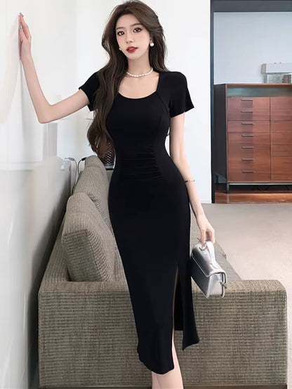 2025 Black Pleated Bodycon Short Sleeve Square Collar Midi Dress Women Korean Vintage Hepburn Dress Summer Elegant Casual Dress