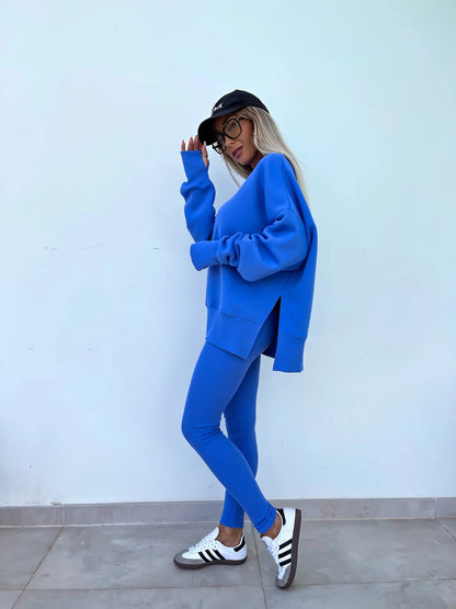 Sweater Suit Women'S Casual Loose Long Sleeve Crew Neck Split Top Tight Trousers