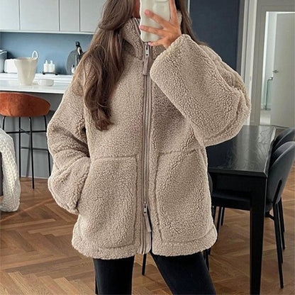 Winter Lapel Zip-Up Coat with Pockets Casual Fashion Solid Fleece Jacket Fall Spring Long Sleeve Women'S Clothing