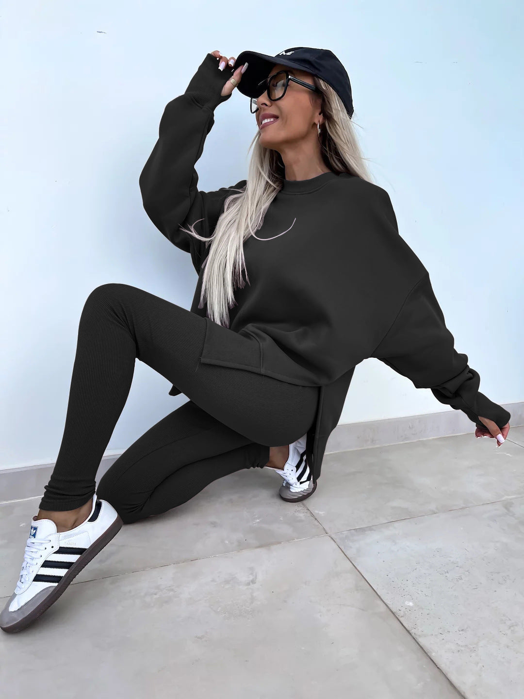 Sweater Suit Women'S Casual Loose Long Sleeve Crew Neck Split Top Tight Trousers