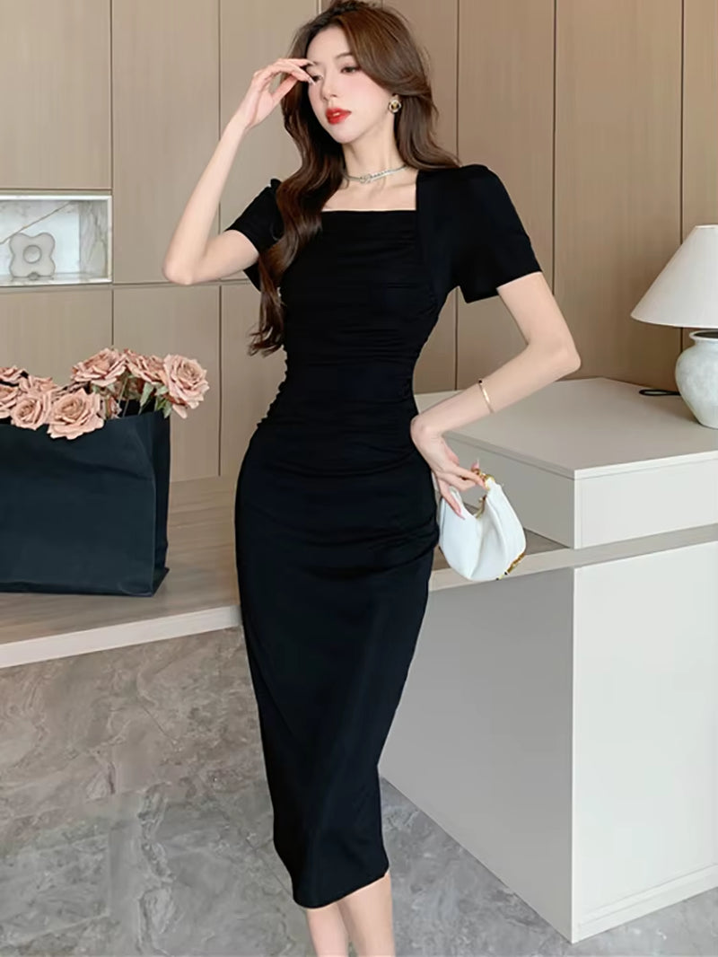 Summer Black Short Sleeve Square Collar Midi Dress Women Pleated Bodycon Home Dress 2025 Korean Vintage Hepburn Elegant Vestidos