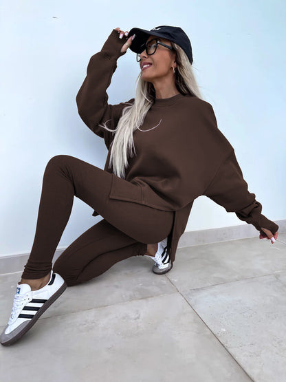 Sweater Suit Women'S Casual Loose Long Sleeve Crew Neck Split Top Tight Trousers