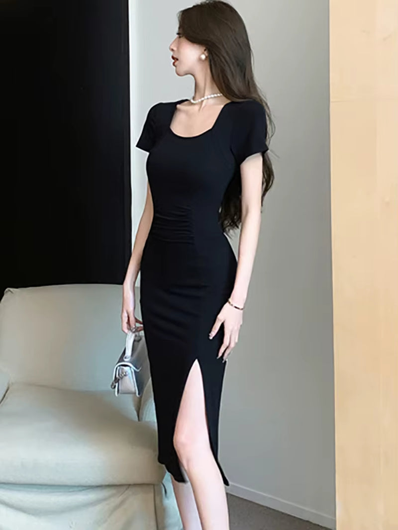 2025 Black Pleated Bodycon Short Sleeve Square Collar Midi Dress Women Korean Vintage Hepburn Dress Summer Elegant Casual Dress