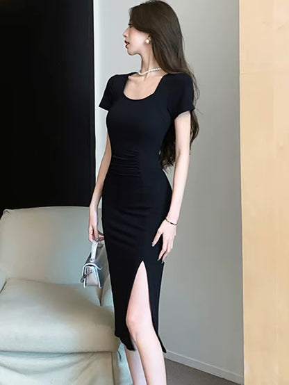 2025 Black Pleated Bodycon Short Sleeve Square Collar Midi Dress Women Korean Vintage Hepburn Dress Summer Elegant Casual Dress