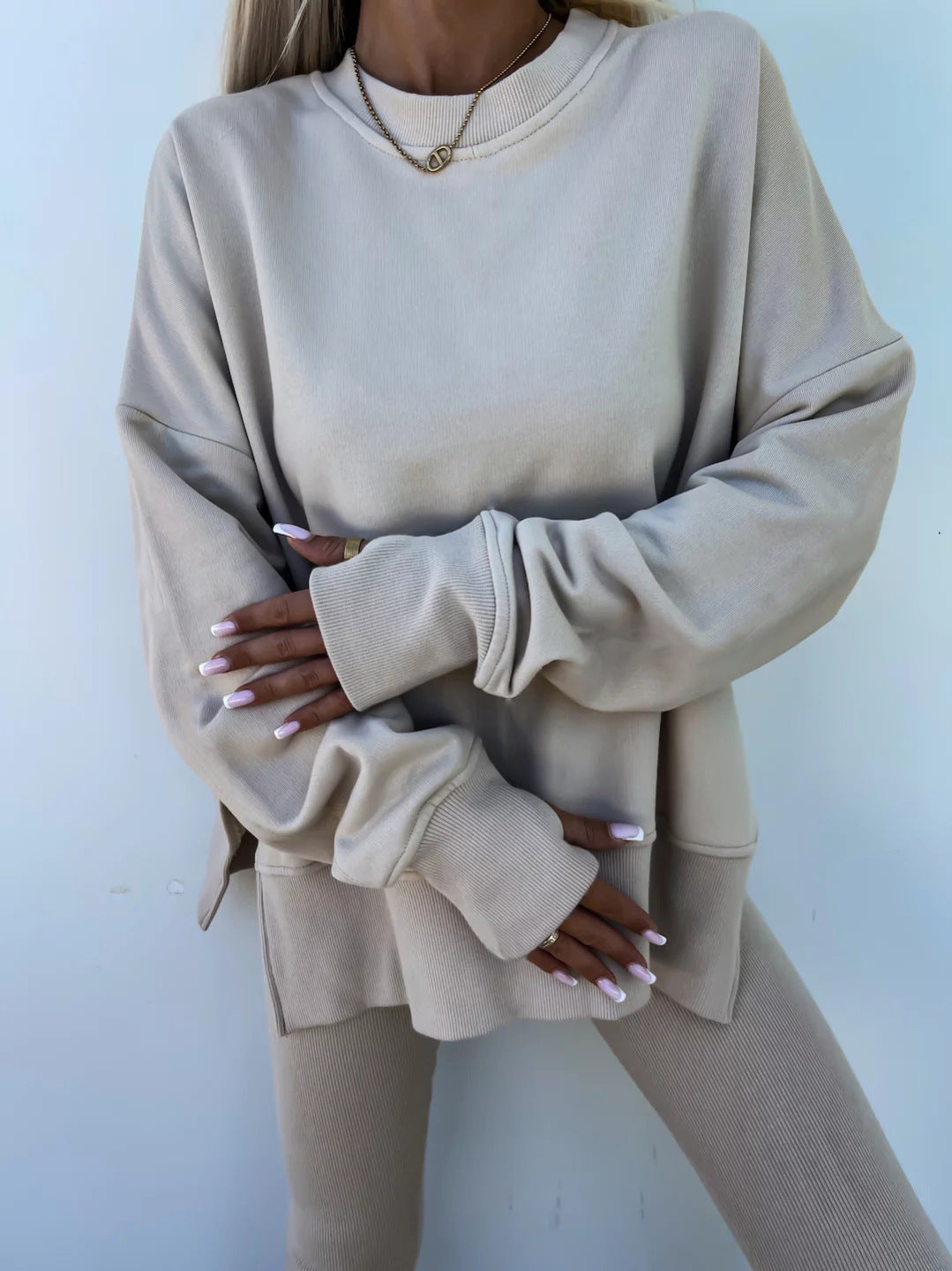 Sweater Suit Women'S Casual Loose Long Sleeve Crew Neck Split Top Tight Trousers