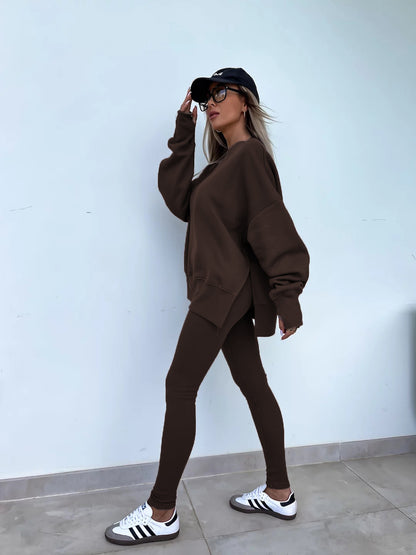 Sweater Suit Women'S Casual Loose Long Sleeve Crew Neck Split Top Tight Trousers