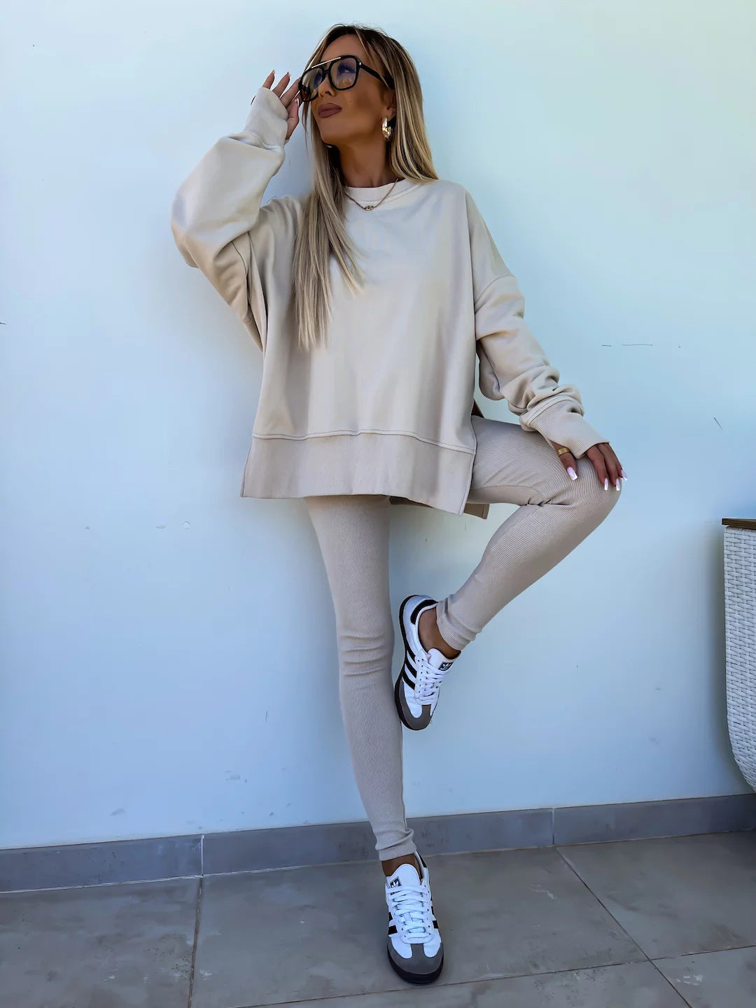 Sweater Suit Women'S Casual Loose Long Sleeve Crew Neck Split Top Tight Trousers