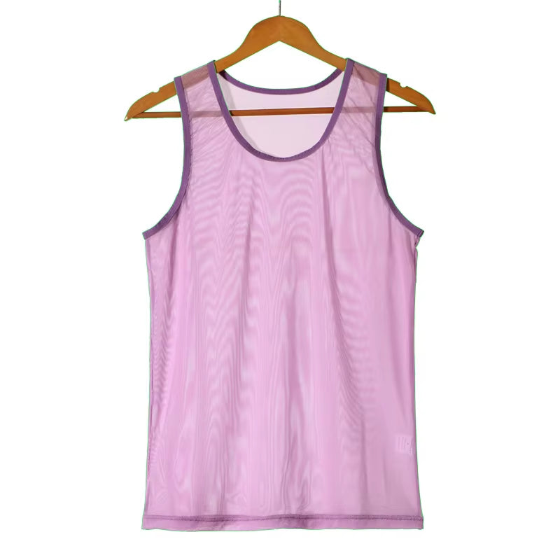 Mens Undershirts Sets Mesh Breathable Underwear Sexy Transparent Sleeveless Tank Tops Boxer Shorts Elastic Sleepwear Nightwear