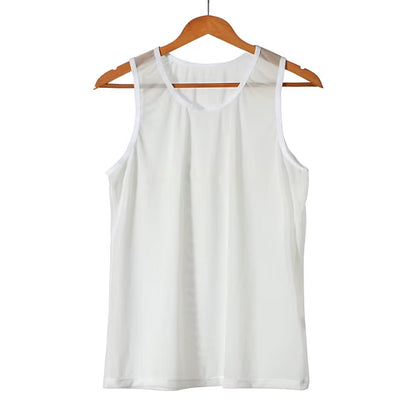 Mens Undershirts Sets Mesh Breathable Underwear Sexy Transparent Sleeveless Tank Tops Boxer Shorts Elastic Sleepwear Nightwear