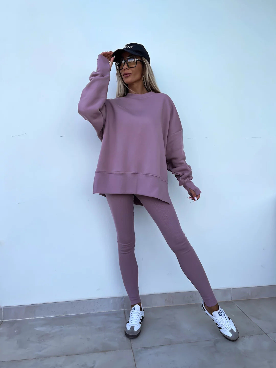 Sweater Suit Women'S Casual Loose Long Sleeve Crew Neck Split Top Tight Trousers