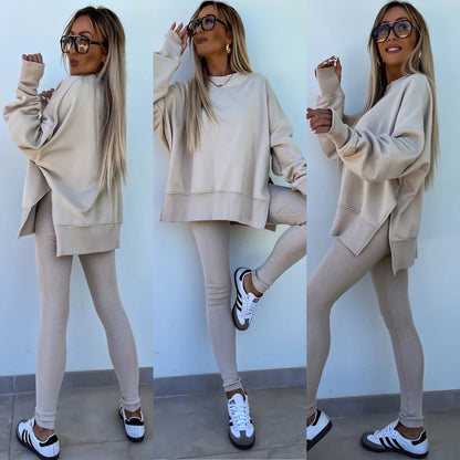 Sweater Suit Women'S Casual Loose Long Sleeve Crew Neck Split Top Tight Trousers