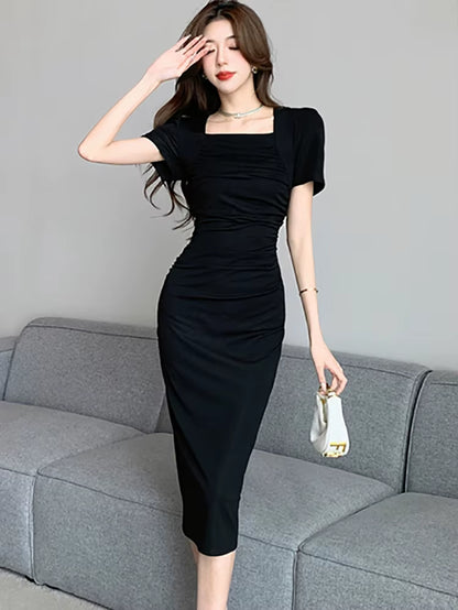 Summer Black Short Sleeve Square Collar Midi Dress Women Pleated Bodycon Home Dress 2025 Korean Vintage Hepburn Elegant Vestidos