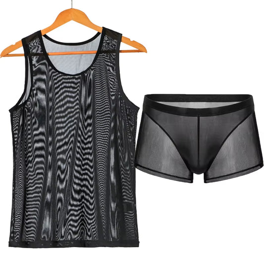 Mens Undershirts Sets Mesh Breathable Underwear Sexy Transparent Sleeveless Tank Tops Boxer Shorts Elastic Sleepwear Nightwear