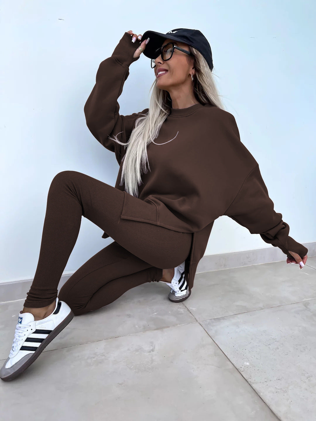 Sweater Suit Women'S Casual Loose Long Sleeve Crew Neck Split Top Tight Trousers