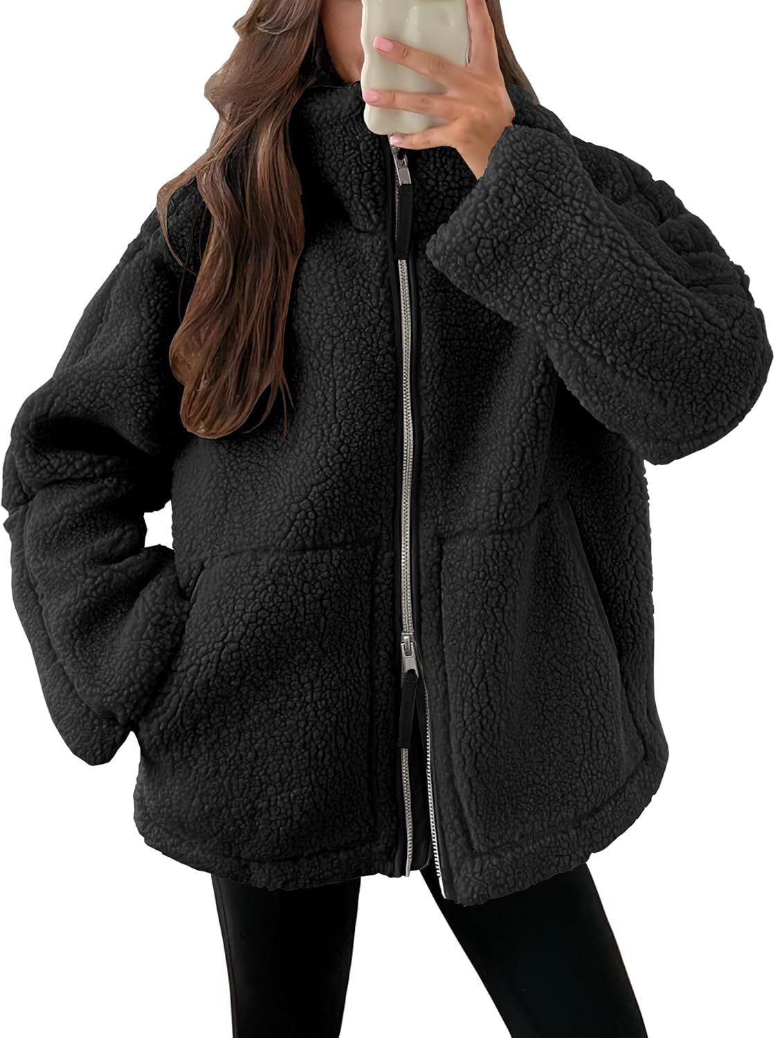 Winter Lapel Zip-Up Coat with Pockets Casual Fashion Solid Fleece Jacket Fall Spring Long Sleeve Women'S Clothing