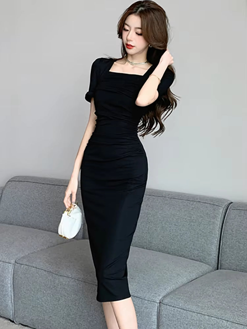 Summer Black Short Sleeve Square Collar Midi Dress Women Pleated Bodycon Home Dress 2025 Korean Vintage Hepburn Elegant Vestidos
