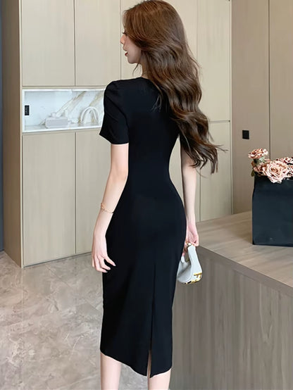 Summer Black Short Sleeve Square Collar Midi Dress Women Pleated Bodycon Home Dress 2025 Korean Vintage Hepburn Elegant Vestidos
