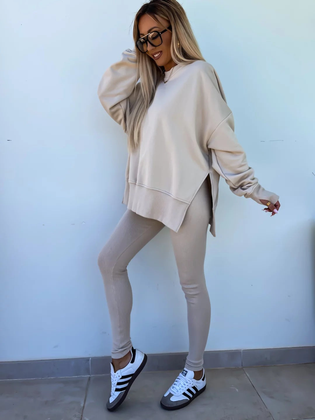 Sweater Suit Women'S Casual Loose Long Sleeve Crew Neck Split Top Tight Trousers