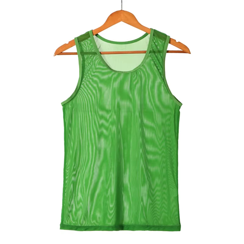 Mens Undershirts Sets Mesh Breathable Underwear Sexy Transparent Sleeveless Tank Tops Boxer Shorts Elastic Sleepwear Nightwear