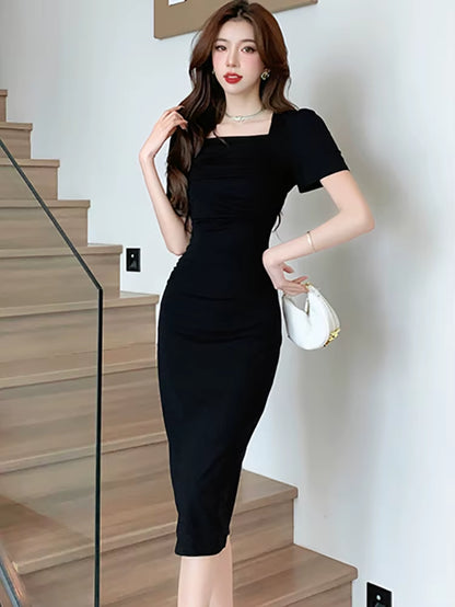 Summer Black Short Sleeve Square Collar Midi Dress Women Pleated Bodycon Home Dress 2025 Korean Vintage Hepburn Elegant Vestidos