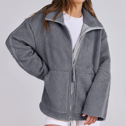 Winter Lapel Zip-Up Coat with Pockets Casual Fashion Solid Fleece Jacket Fall Spring Long Sleeve Women'S Clothing