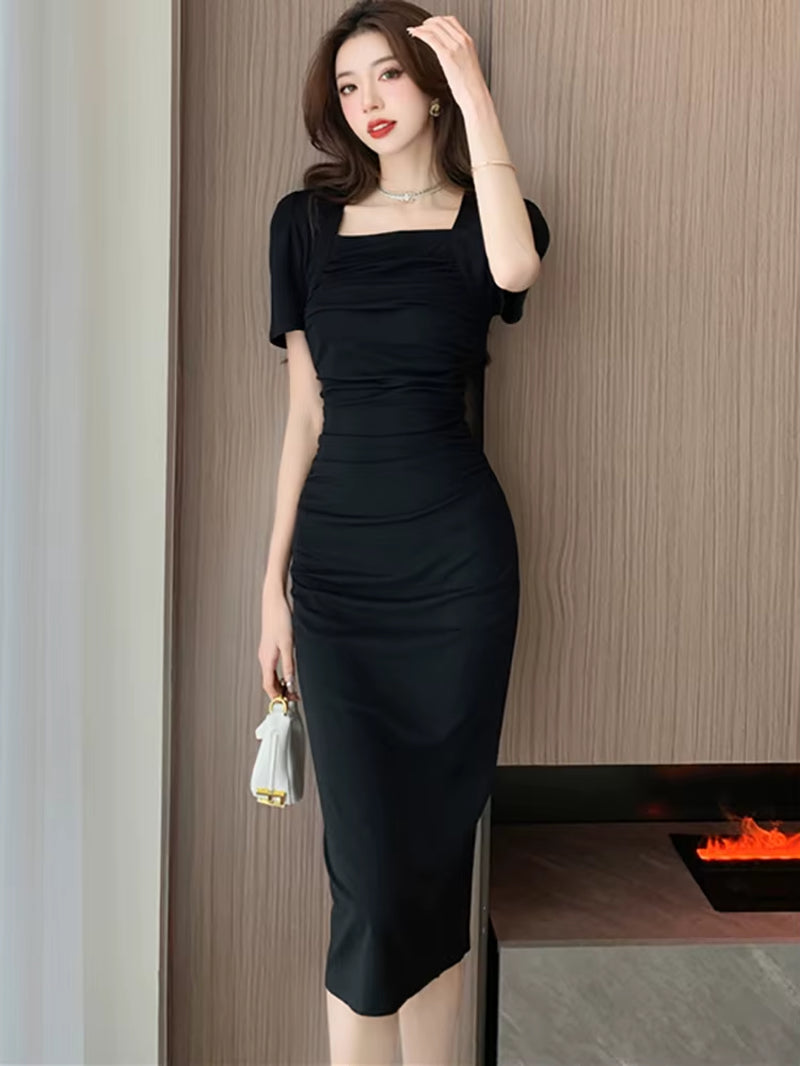 Summer Black Short Sleeve Square Collar Midi Dress Women Pleated Bodycon Home Dress 2025 Korean Vintage Hepburn Elegant Vestidos