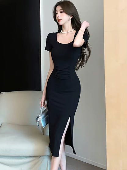 2025 Black Pleated Bodycon Short Sleeve Square Collar Midi Dress Women Korean Vintage Hepburn Dress Summer Elegant Casual Dress