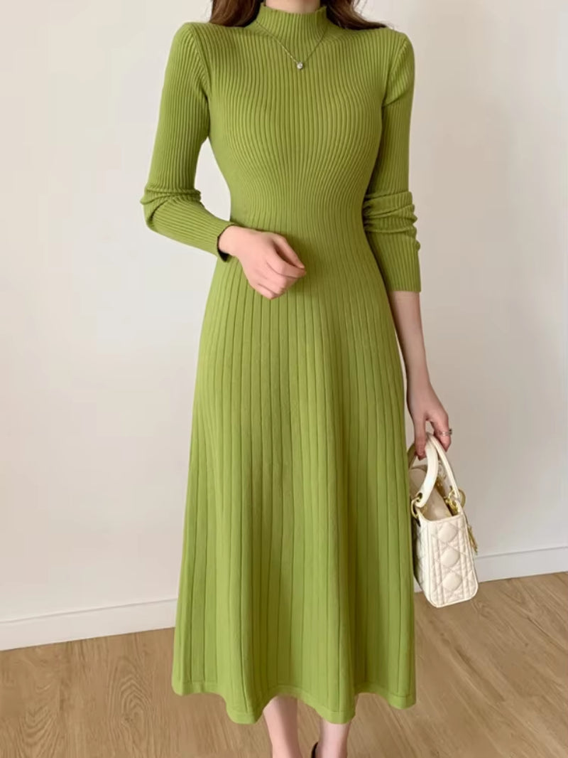 Autumn Winter 2024 Slim Long Sleeve Party Midi Dress for Women Knitted Half High Collar Elegant Knitted Sweater Dresses Ladies