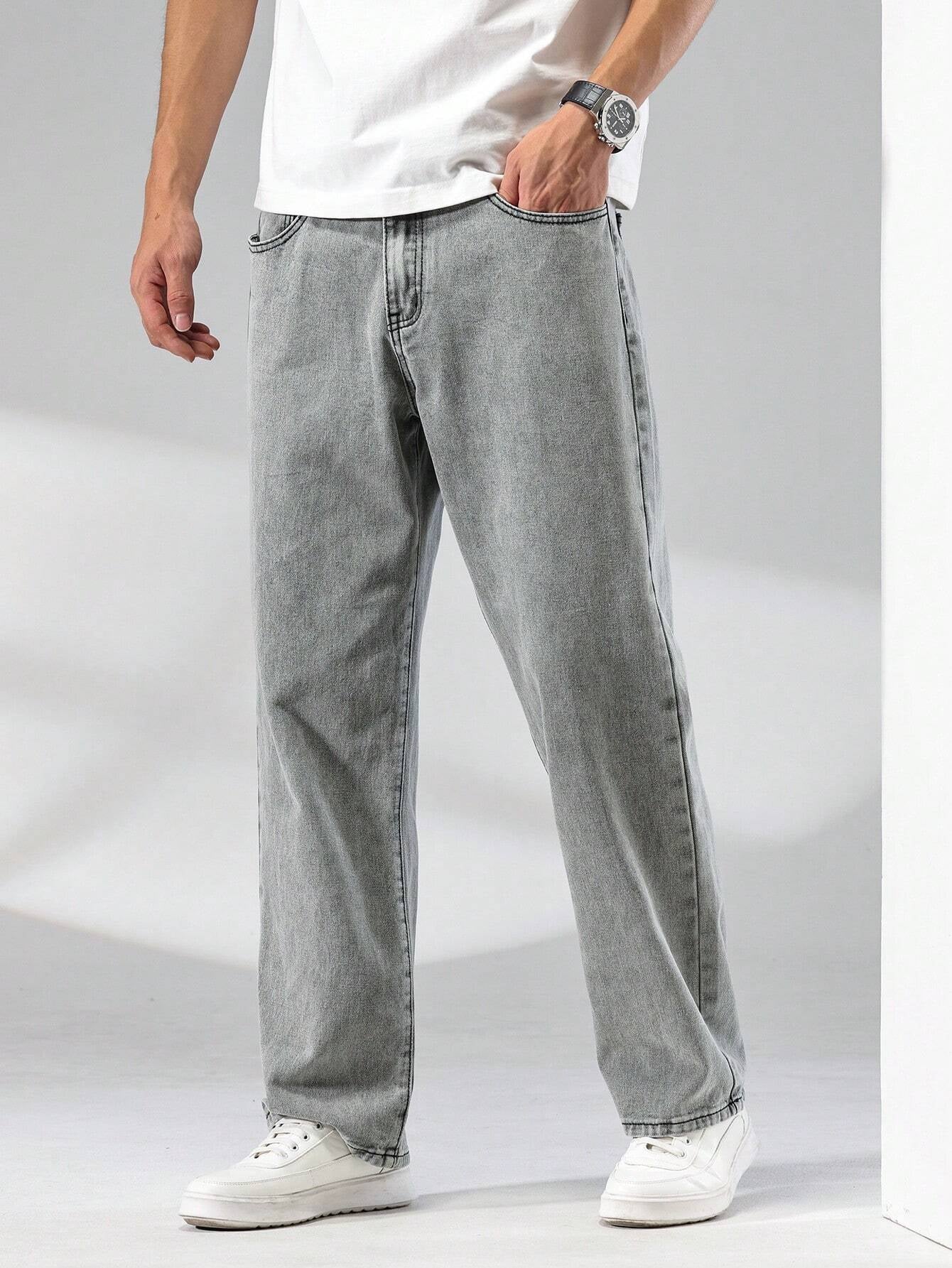 Manfinity Homme Men\ Solid Straight Leg Jeans, Grey Baggy Jeans Men, Loose Jeans Pants for Men, Men'S Grey Jeans, Baggy Jeans