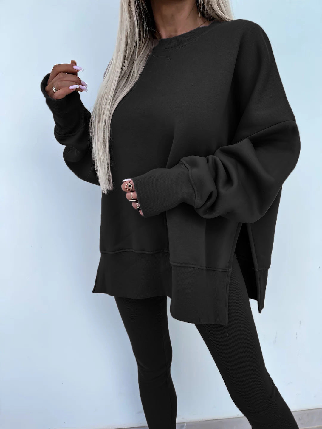 Sweater Suit Women'S Casual Loose Long Sleeve Crew Neck Split Top Tight Trousers