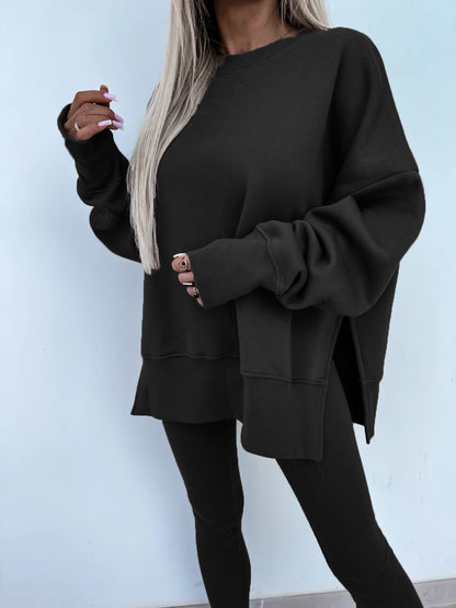 Sweater Suit Women'S Casual Loose Long Sleeve Crew Neck Split Top Tight Trousers