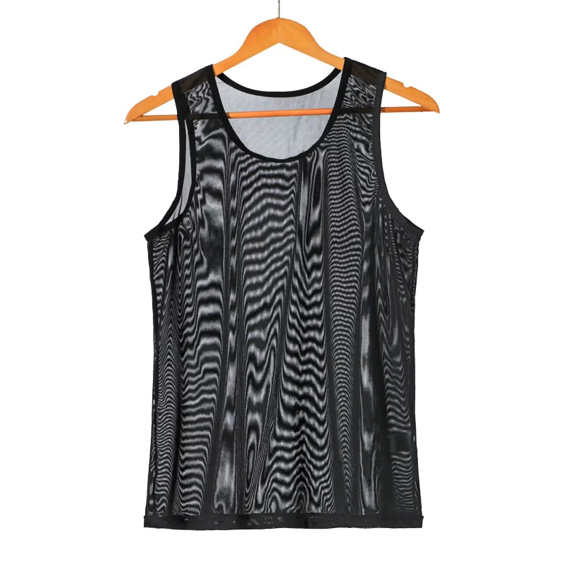 Mens Undershirts Sets Mesh Breathable Underwear Sexy Transparent Sleeveless Tank Tops Boxer Shorts Elastic Sleepwear Nightwear