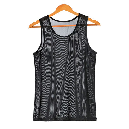 Mens Undershirts Sets Mesh Breathable Underwear Sexy Transparent Sleeveless Tank Tops Boxer Shorts Elastic Sleepwear Nightwear