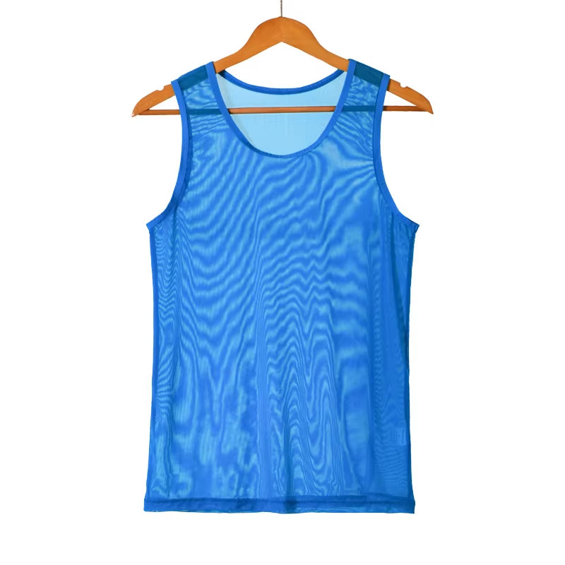 Mens Undershirts Sets Mesh Breathable Underwear Sexy Transparent Sleeveless Tank Tops Boxer Shorts Elastic Sleepwear Nightwear