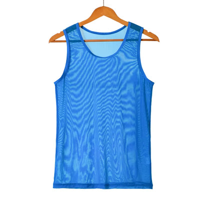 Mens Undershirts Sets Mesh Breathable Underwear Sexy Transparent Sleeveless Tank Tops Boxer Shorts Elastic Sleepwear Nightwear