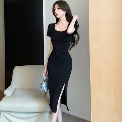 2025 Black Pleated Bodycon Short Sleeve Square Collar Midi Dress Women Korean Vintage Hepburn Dress Summer Elegant Casual Dress