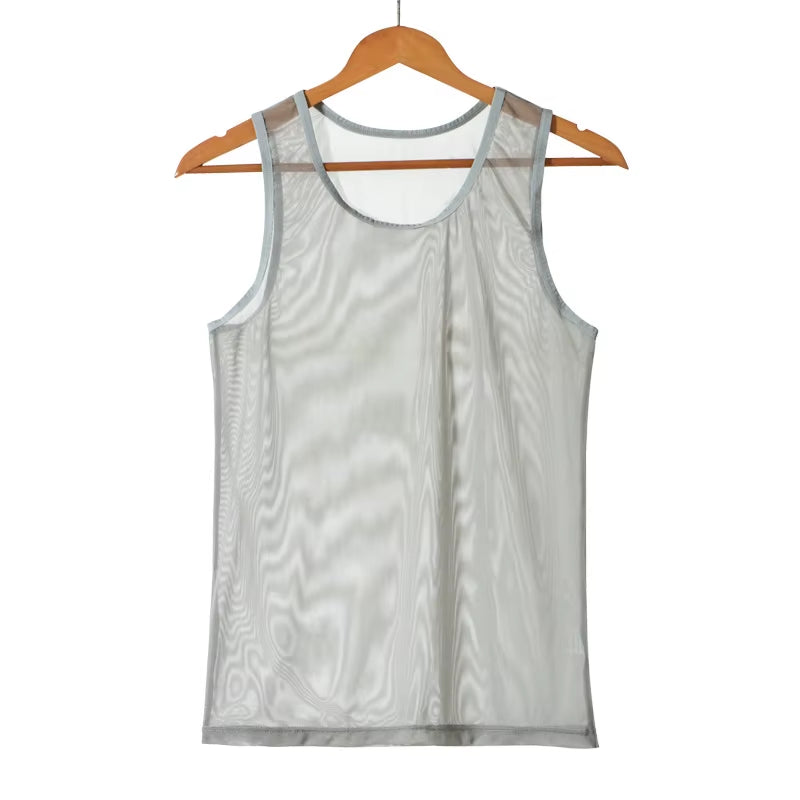 Mens Undershirts Sets Mesh Breathable Underwear Sexy Transparent Sleeveless Tank Tops Boxer Shorts Elastic Sleepwear Nightwear