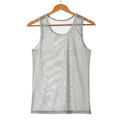 Mens Undershirts Sets Mesh Breathable Underwear Sexy Transparent Sleeveless Tank Tops Boxer Shorts Elastic Sleepwear Nightwear