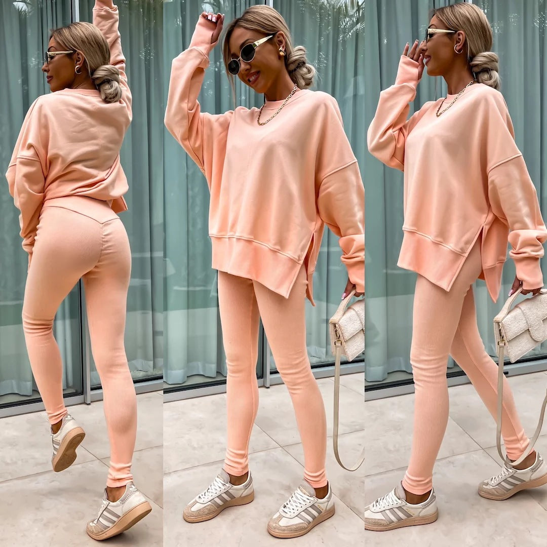 Sweater Suit Women'S Casual Loose Long Sleeve Crew Neck Split Top Tight Trousers