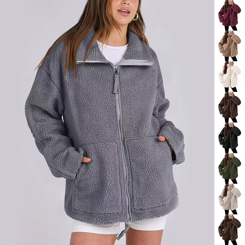Winter Lapel Zip-Up Coat with Pockets Casual Fashion Solid Fleece Jacket Fall Spring Long Sleeve Women'S Clothing